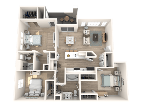 Floor plan for 3 beds, 2 baths, 1232 sqft